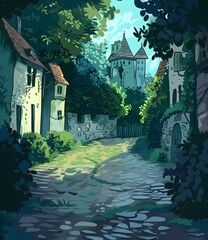 Canvas Print - Fantasy Village Street Illustration with Cobblestones and Green Trees