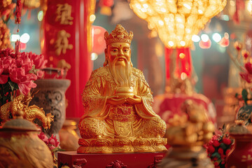 A Golden Statue of the Chinese God of Fortune, radiating prosperity and blessings within a vibrant temple setting.