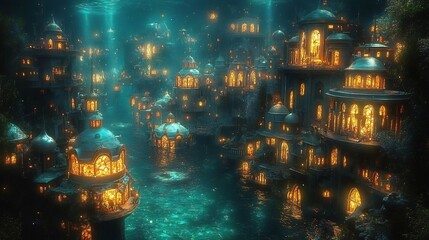 Wall Mural - fantasy underwater city glowing buildings and sea creatures