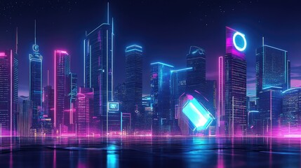 Poster - City skyline with futuristic architecture illuminated by neon lights and digital effects. Panoramic view capturing the essence of modern technology.