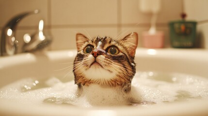 Poster - A cat sitting calmly in a bath with soapy water, with a relaxed expression as it is being carefully rinsed.