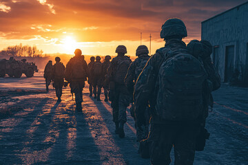 Silhouettes of Courage: Soldiers march towards a fiery dawn, their mission etched in the fiery sky.