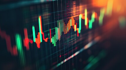 Poster - Close-up of a computer screen showing a dynamic financial graph with green and red candlesticks, symbolizing fluctuating market conditions.