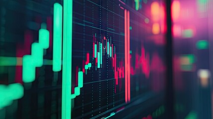Poster - Close-up of a computer screen showing a dynamic financial graph with green and red candlesticks, symbolizing fluctuating market conditions.