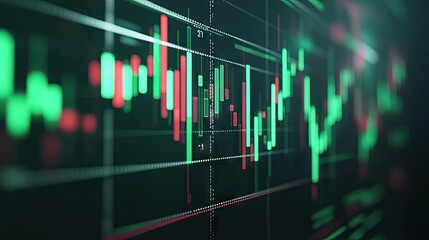 Wall Mural - Close-up of a computer screen showing a dynamic financial graph with green and red candlesticks, symbolizing fluctuating market conditions.