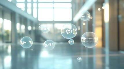 Poster - Cluster of shimmering chat bubbles drifting in a modern, well-lit room, showcasing the future of digital communication and interaction.
