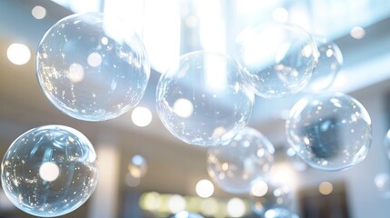 Poster - Cluster of sparkling chat bubbles suspended in a spacious room, reflecting modern digital communication. Ideal for high-tech and social interaction imagery.