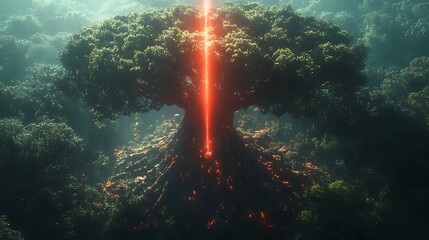 Poster - there is a large tree with a red light coming from it