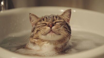 Poster - A cat sitting calmly in a bath with soapy water, with a relaxed expression as it is being carefully rinsed.