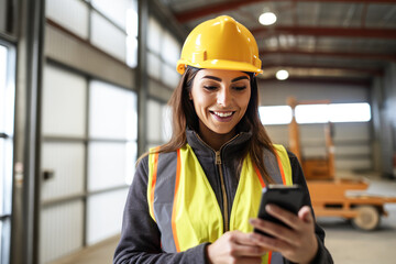 female engineer using smartphone at construction site