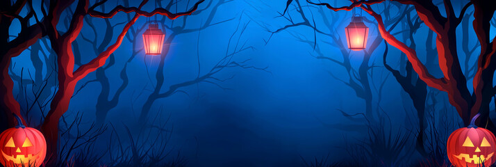 Sticker - Spooky Halloween Forest with Glowing Lanterns and Jack-o'-Lanterns in a Dark, Foggy Atmosphere