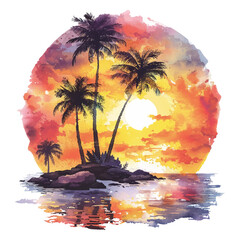 beautiful sunset of tropical island vector illustration in watercolor style