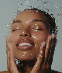 Wall Mural - Beautiful smiling black woman washing her face