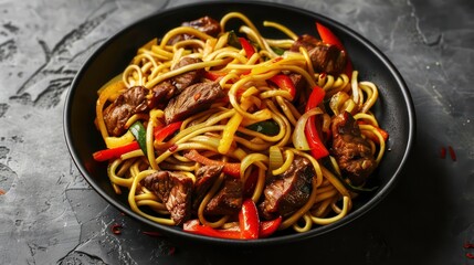 Wall Mural - Closeup of a black bowl filled with noodles, beef, red peppers, green peppers and onions.