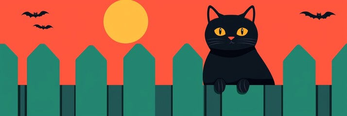 Wall Mural - Black Cat Sitting on Fence with Full Moon and Bats in Background - Halloween Themed Illustration