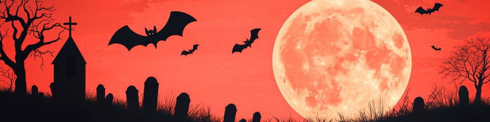 Wall Mural - Spooky Halloween Night with Full Moon, Bats, and Graveyard Silhouettes Against a Red Sky