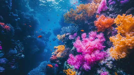 Vibrant coral reef teeming with colorful fish, showcasing the beauty and diversity of underwater ecosystems.