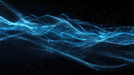 Poster - Dynamic blue particle lines forming horizontal waves and undulating across a black backdrop, ideal for showcasing digital and communication tech themes.