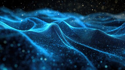 Poster - Dynamic horizontal blue particle lines undulating in a 3D space against a black backdrop, representing modern communication technology and digital interfaces.