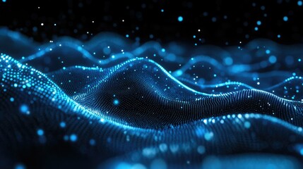 Poster - Dynamic horizontal blue particle lines undulating in a 3D space against a black backdrop, representing modern communication technology and digital interfaces.
