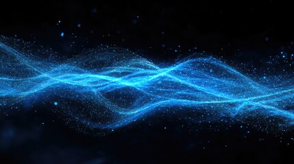 Poster - Dynamic horizontal blue particle lines undulating in a 3D space against a black backdrop, representing modern communication technology and digital interfaces.