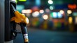 © Matthew - A close-up of a fuel pump nozzle at a gas station, illuminated by soft background lights.