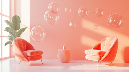 Poster - Elegant group of floating, glossy chat bubbles in a bright, minimalist room setting. Ideal for illustrating modern communication and tech concepts.