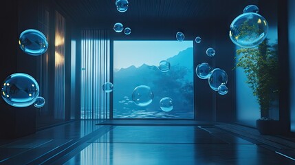 Poster - Elegant room with floating, translucent chat bubbles creating a dynamic, high-tech scene. Ideal for visuals focusing on digital messaging.