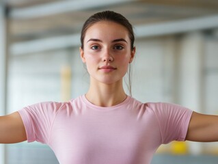 Gymnast performing balance exercises during recovery from a wrist injury, determined expression, [sport injury + rehabilitation]