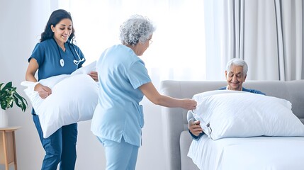 Canvas Print - Two nurses help an elderly woman in a hospital bed with a pillow.