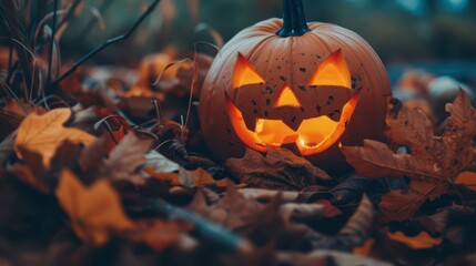 Wall Mural - Glowing pumpkin grins among fallen autumn leaves at twilight