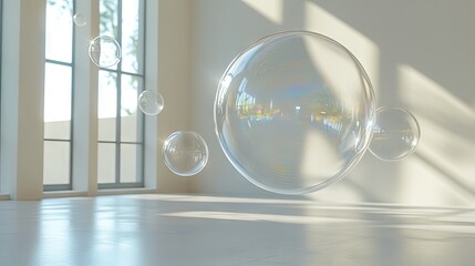 Poster - Floating shiny chat bubbles in a contemporary room with clean lines and ample light. Perfect for tech visuals and digital messaging environments.