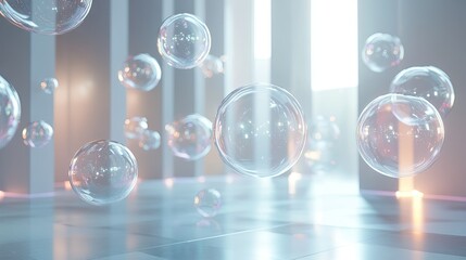 Poster - Floating shiny chat bubbles in a contemporary room with clean lines and ample light. Perfect for tech visuals and digital messaging environments.