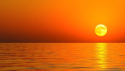 A full moon rising over a dark ocean at sunset, with an orange and red sky in the background