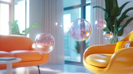 Poster - Floating shiny chat bubbles in a contemporary room with clean lines and ample light. Perfect for tech visuals and digital messaging environments.