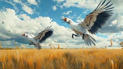 Wall Mural - Two White Birds in Flight Over a Grassland