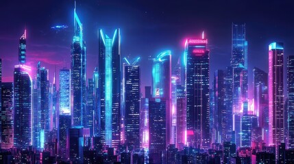 Poster - Futuristic city skyline with sleek, modern architecture illuminated by neon lights. Panoramic view highlighting advanced technology and digital effects.