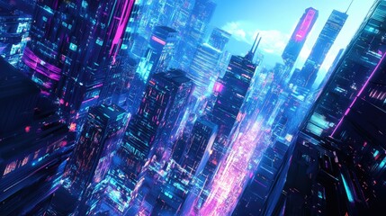 Poster - Futuristic city with neon-lit buildings and abstract digital elements, capturing a panoramic view of modern urban architecture and technology.
