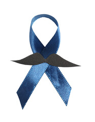 Poster - Dark blue ribbon and fake mustache isolated on white, top view. Prostate cancer awareness