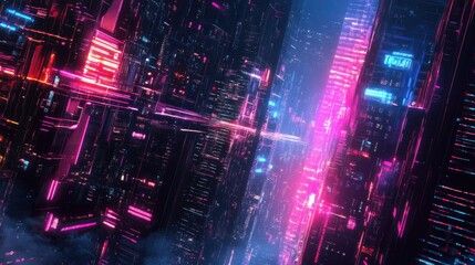 Poster - Futuristic city with neon-lit buildings and abstract digital elements, capturing a panoramic view of modern urban architecture and technology.