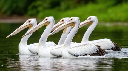 Poster - A group of pelicans swimming in a lake with their beaks out, AI