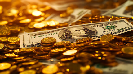 A close-up shot of gold coins and US dollar bills.  The image represents wealth and prosperity.