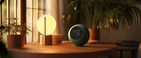 Wall Mural - Green Spherical Smart Speaker on a Wooden Tabletop