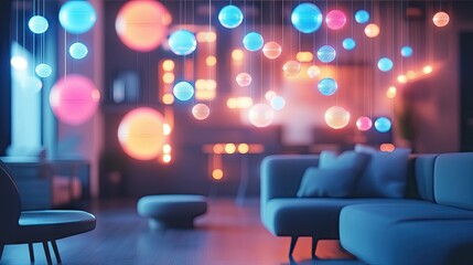 Poster - Group of bright, gleaming chat bubbles suspended in an elegant room, creating a high-tech ambiance for digital communication and interaction.