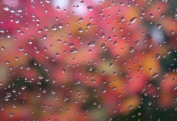 Raindrops on a window with blurred autumn leaves in the background