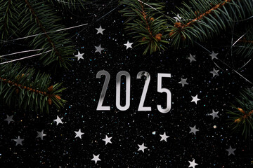 New Year 2025 dark background. Number of the coming year in Christmas decoration.