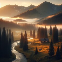 Wall Mural - Mountains in the evening mist