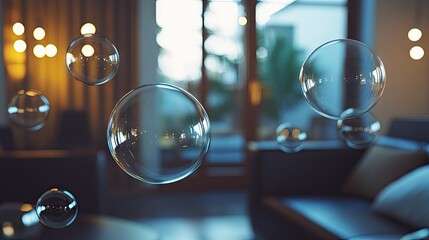 Poster - Group of shiny, transparent chat bubbles floating in a modern room, creating a futuristic communication scene. Ideal for tech and digital messaging visuals.