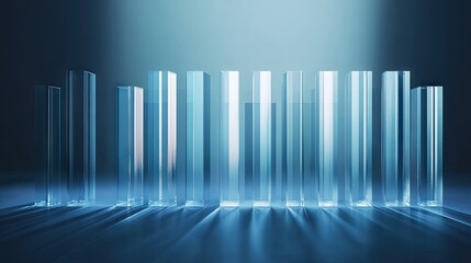 Poster - High-tech bar graph made of transparent glass bars with light reflections, minimalist background