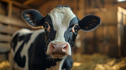 Poster - A black and white cow with a white spot on its face is staring at the camera